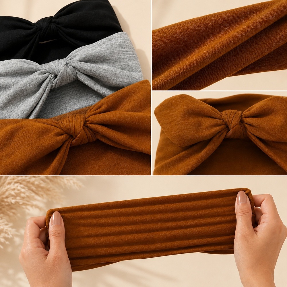 4 Pack Wide Bow Headband Stretchy Soft Jersey Hair Wrap Black Gray Brown White - Picture 2 of 5